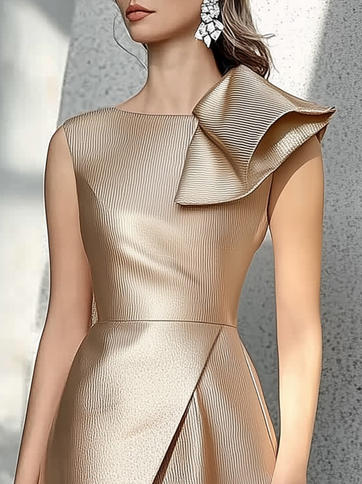 Chic Champagne Satin Dress with Shoulder Detail