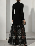 Black Mesh Floral Knit Mock Neck Long Sleeve A-Line Maxi Dress