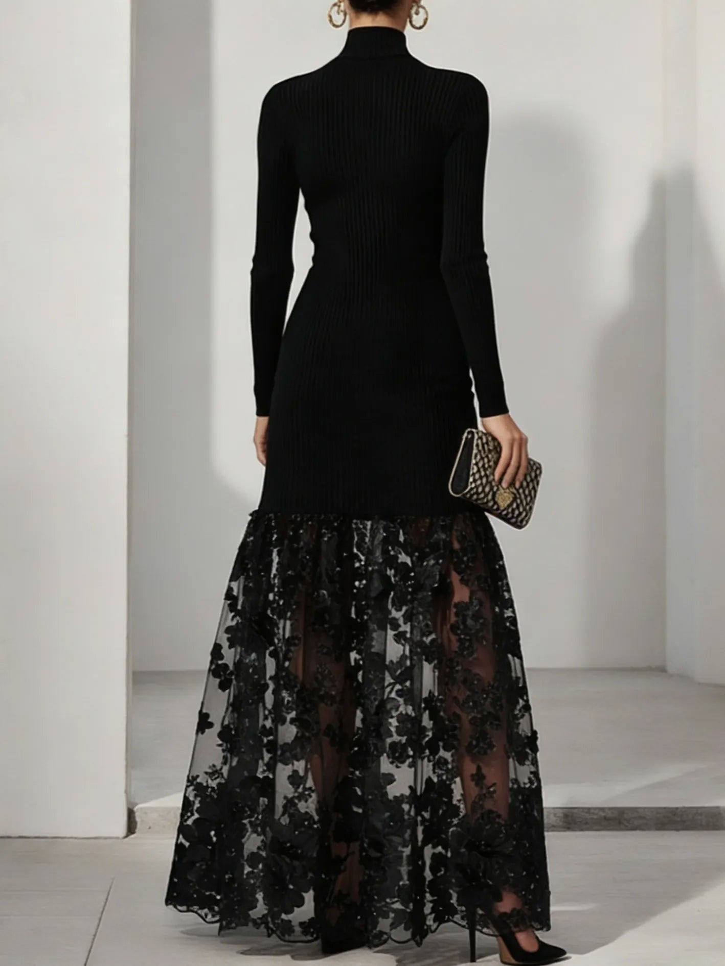 Black Mesh Floral Knit Mock Neck Long Sleeve A-Line Maxi Dress