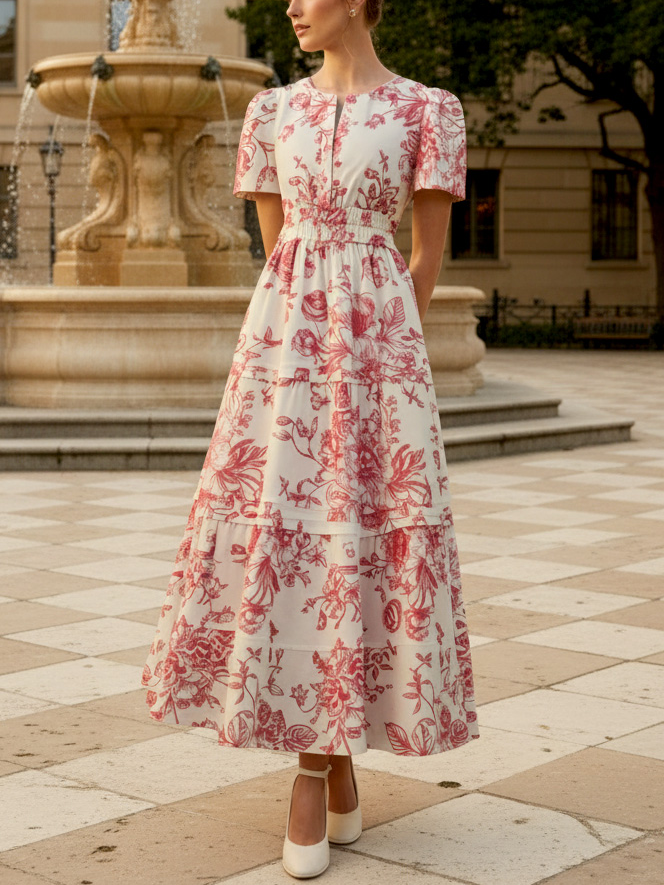 Maxi Cotton Dress, Short Sleeves, V Neck, Floral, Vintage, Apricot