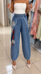 Floral Print Rhinestones Light Denim Harem Pants