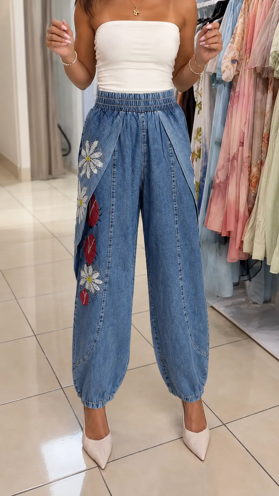 Floral Print Rhinestones Light Denim Harem Pants