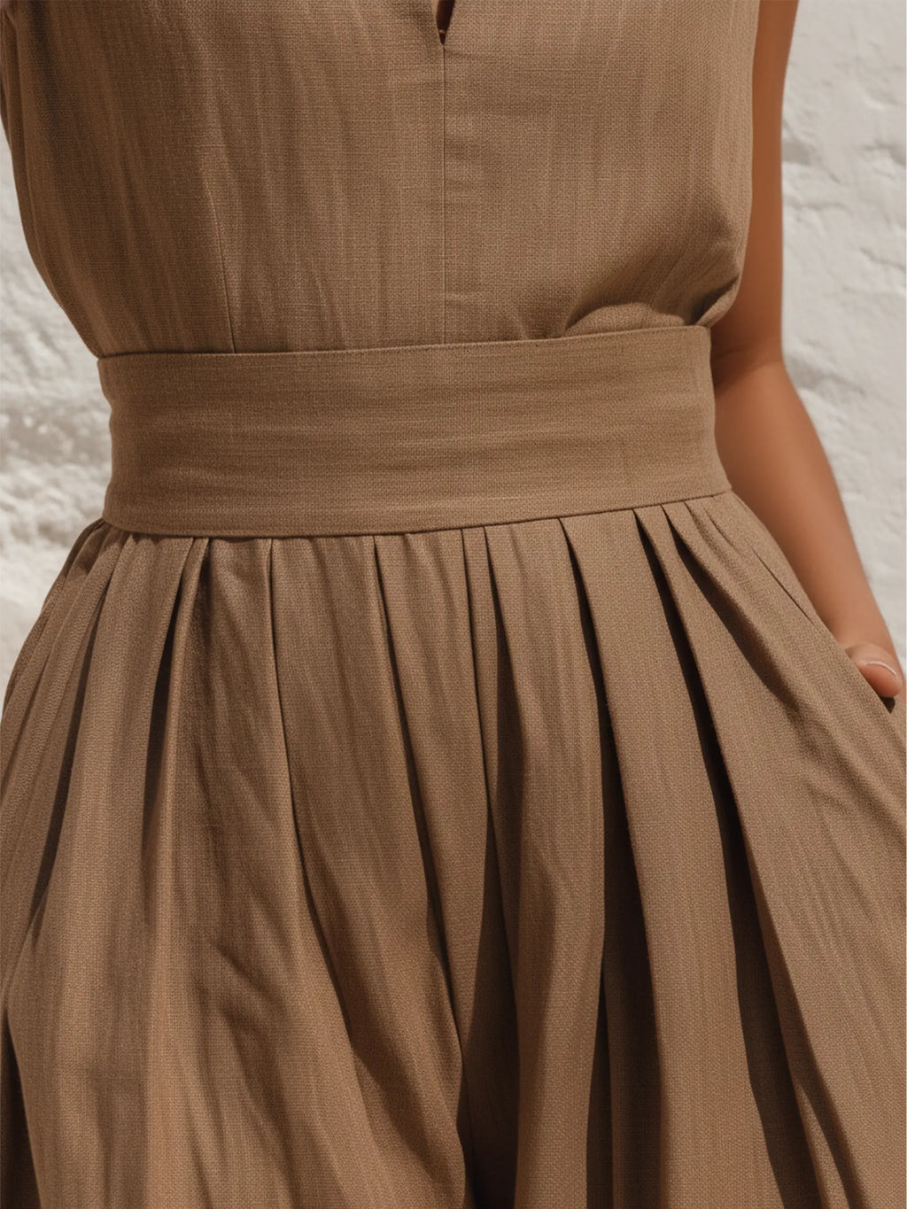 Brown Linen-Blend Sleeveless Wide-Leg Jumpsuit