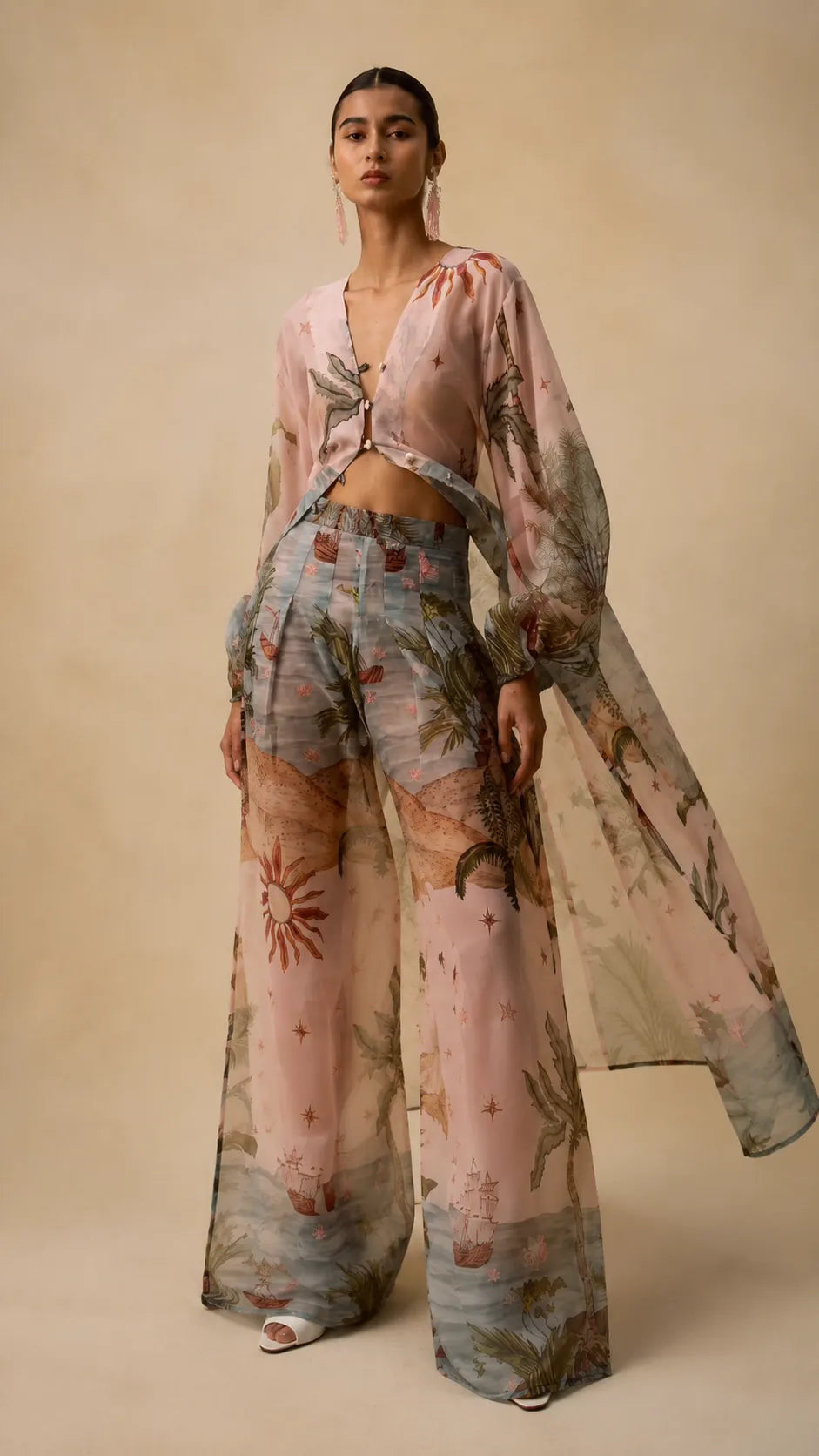 Tropical Voyage Print Sheer Cropped Top & Wide-Leg Pant Two-Piece