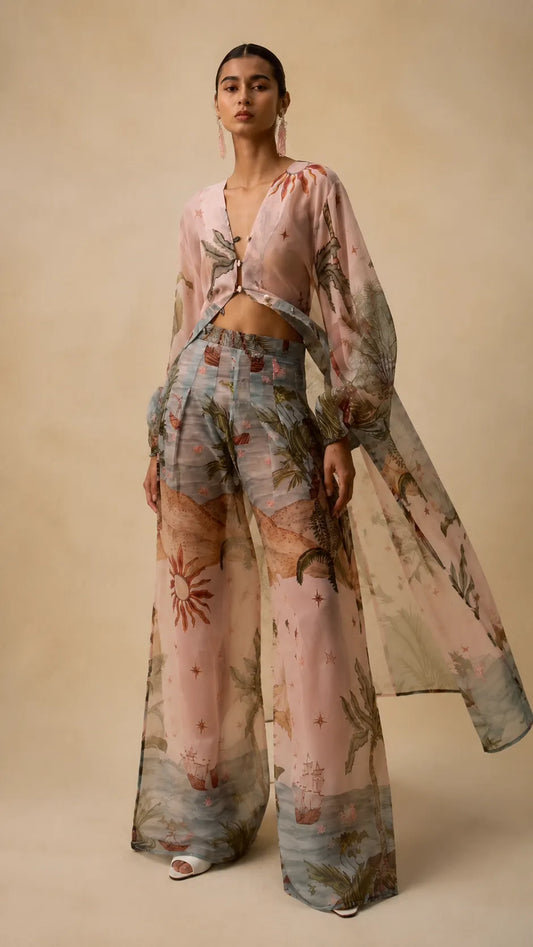 Tropical Voyage Print Sheer Cropped Top & Wide-Leg Pant Two-Piece