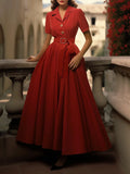 Cotton Maxi Dress, Plain, Pocket Stitching, Shawl Collar, Linen Blended, Belt, Vintage, Short Sleeves, Red