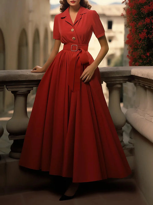 Cotton Maxi Dress, Plain, Pocket Stitching, Shawl Collar, Linen Blended, Belt, Vintage, Short Sleeves, Red
