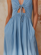 Light Wash Denim Sleeveless Maxi Dress V-Neck With Cutout Detail