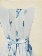 Maxi Cotton Dress, Sleeveless, Square Neck, Floral, Pocket Design, Vacation, Vintage, White