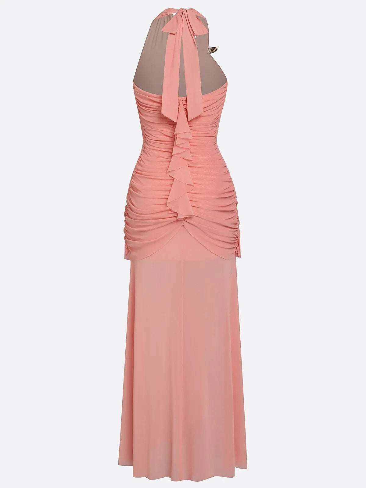 Rose Pink Metal Ruched Classic Halter Sleeveless Bodycon Floor-length Gown Dress