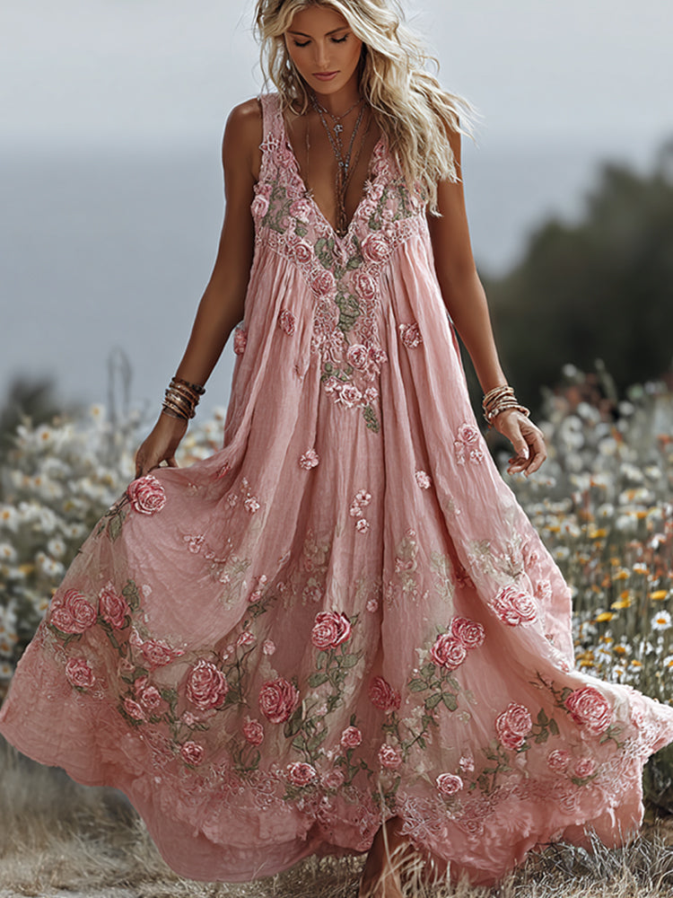 Women's Vintage Rose Embroidered Art Linen Maxi Dress