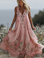 Women's Vintage Rose Embroidered Art Linen Maxi Dress