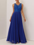 Blue Sequin Lace Chiffon V Neck Sleeveless A-Line Maxi Mother of the Bride or Groom Dress