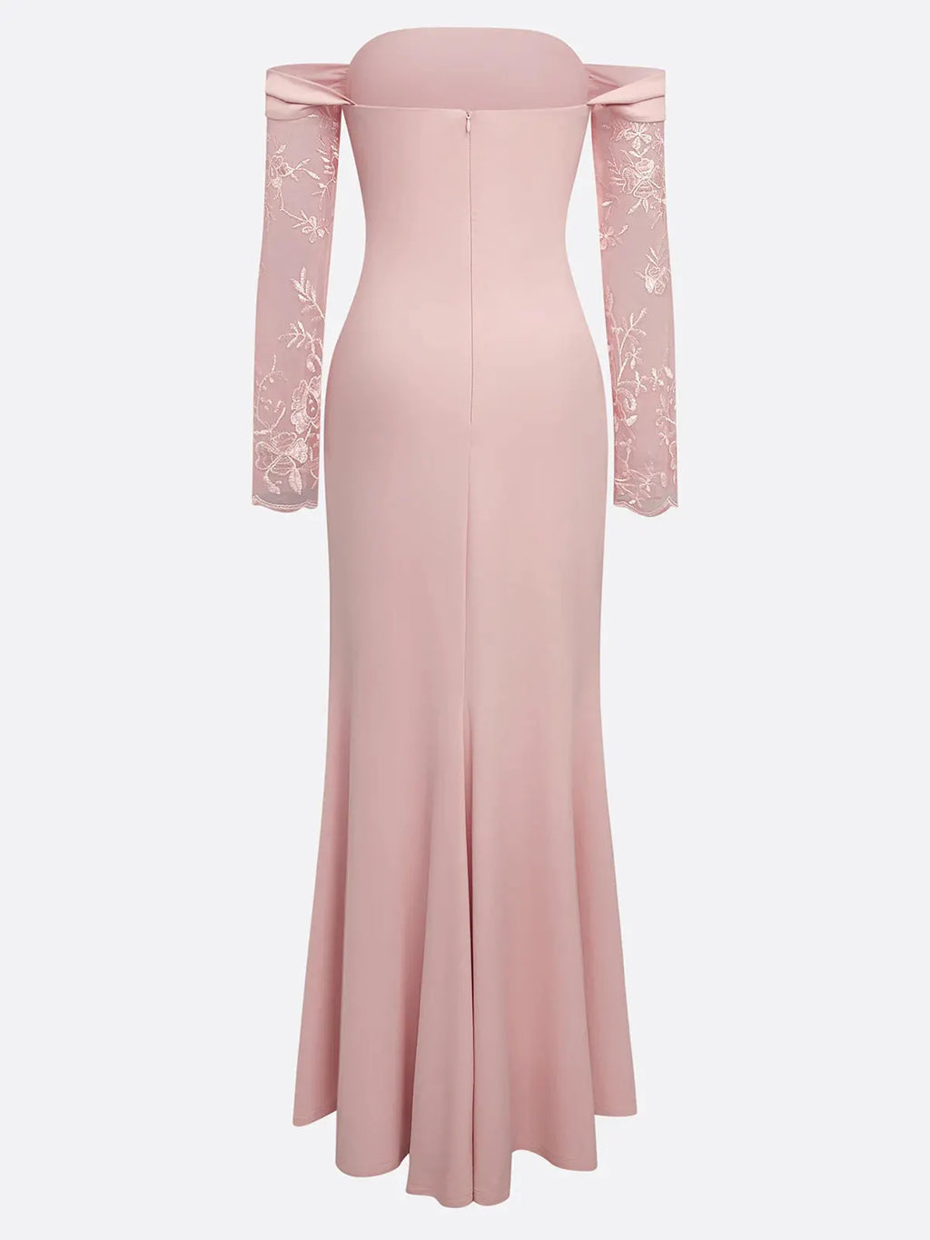 Pink Lace Knit Off The Shoulder Long Sleeve Sheath Gown Dress