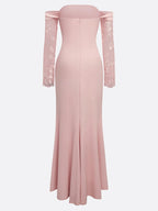 Pink Lace Knit Off The Shoulder Long Sleeve Sheath Gown Dress