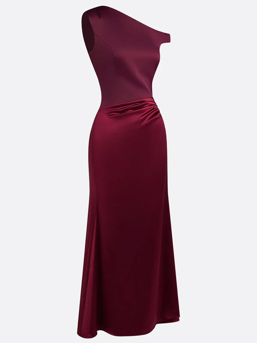 Burgundy Split Joint Ruched Satin One Shoulder Sleeveless Mermaid Maxi Dress