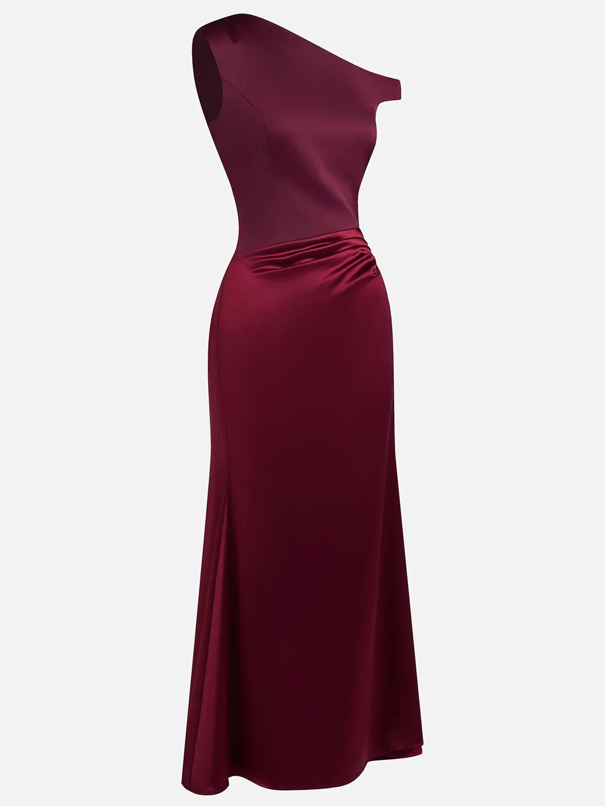 Burgundy Split Joint Ruched Satin One Shoulder Sleeveless Mermaid Maxi Dress