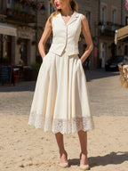 Midi Linen Skirt, Plain, Lace, Vacation, Vintage, White
