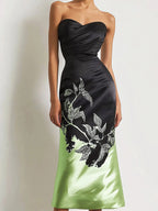 Chic Satin Strapless Dress with Side Floral Print