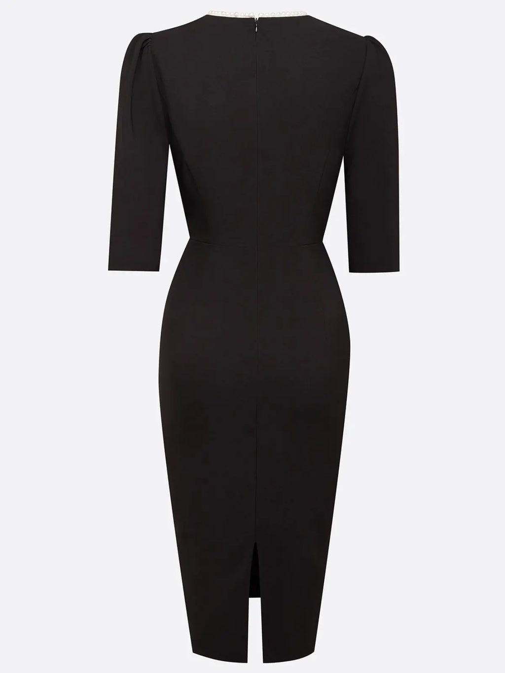 Black Faux Pearl V Neck Sheath Midi Dress