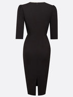 Black Faux Pearl V Neck Sheath Midi Dress