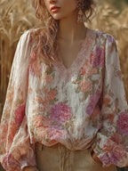 Bohemian Retro Countryside Style Plant Flower Design Cotton And Linen Women's Long-sleeve Shirt1