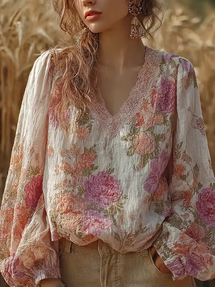 Bohemian Retro Countryside Style Plant Flower Design Cotton And Linen Women's Long-sleeve Shirt1