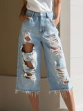 Distressed High-Waisted Denim Culottes