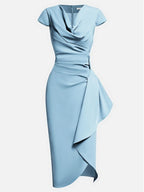 Light Blue Ruched Asymmetric Classic Cowl Neck Cap Sleeve Sheath Midi Dress