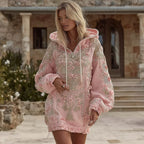 Women's Vintage Floral Embroidery Art Long Sleeve Hooded Mini Dress