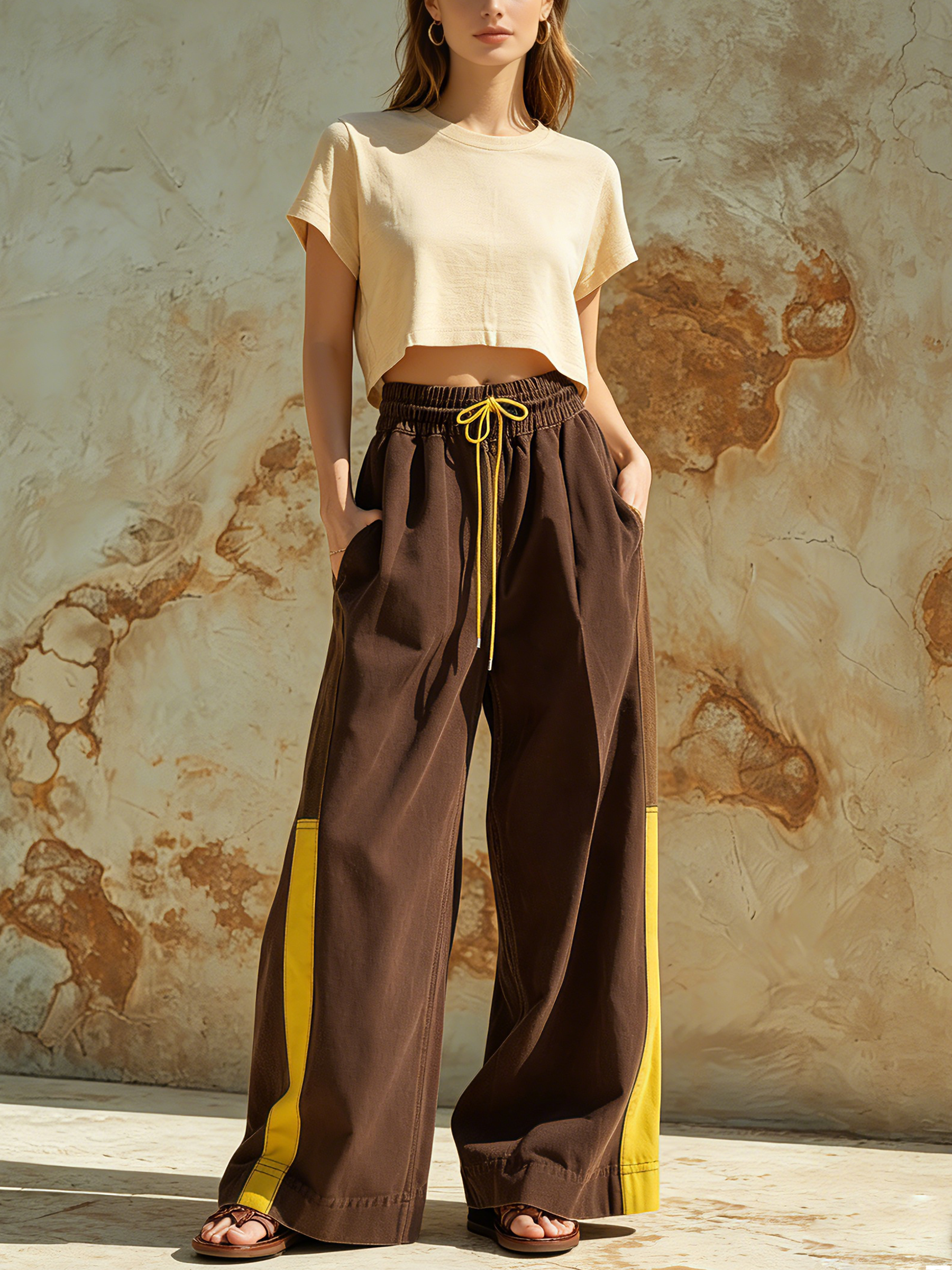 Color-Block Wide-Leg Pants Elastic Drawstring Waist