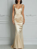 Champagne Lustrous Satin V‑Neck Maxi Evening Gown