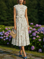 Midi Cotton Dress, Cap Sleeves, Round Neck, Floral, Belt Design, Vintage, Apricot