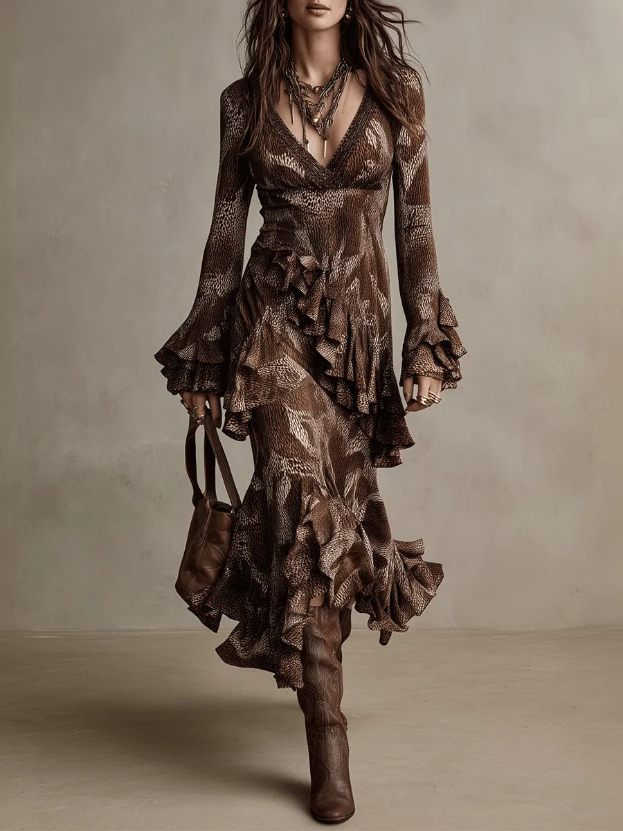 Vintage Brown Flounce Long Sleeve Gown Maxi Dress