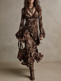 Vintage Brown Flounce Long Sleeve Gown Maxi Dress