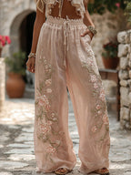 Women's Boho Rose Embroidery Art Linen Blend Pants