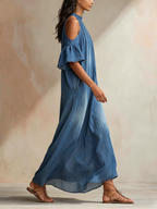 Tencel Denim Halter Neck Cold-Shoulder Maxi Dress