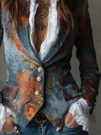 Retro Oil Painting Style Polyester Velvet Printed Double-breasted Blazer
