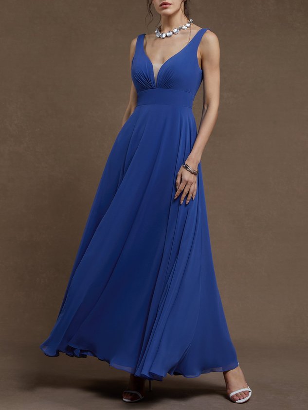 Blue Ruched V Neck Sleeveless A-Line Maxi Chiffon Bridesmaid Dress
