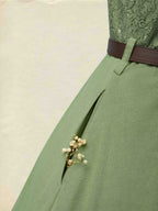 Midi Linen Dress , Half Sleeve, V Neck, Plain, Lace, Vintage, Army Green