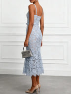 Light Blue Lace Sweetheart Neckline Sleeveless Mermaid Midi Dress