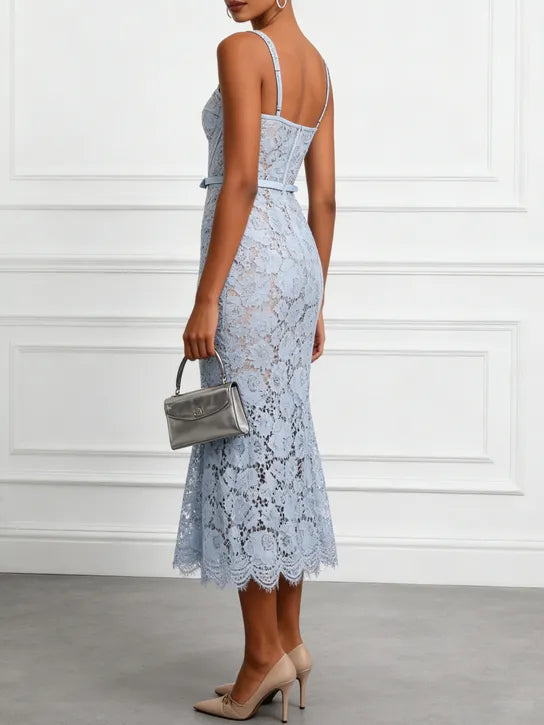 Light Blue Lace Sweetheart Neckline Sleeveless Mermaid Midi Dress