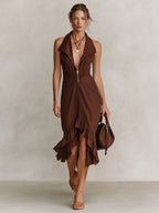 Chocolate Brown Cotton-Linen Blend Halter Neck Zip-Front Ruffle Midi Dress