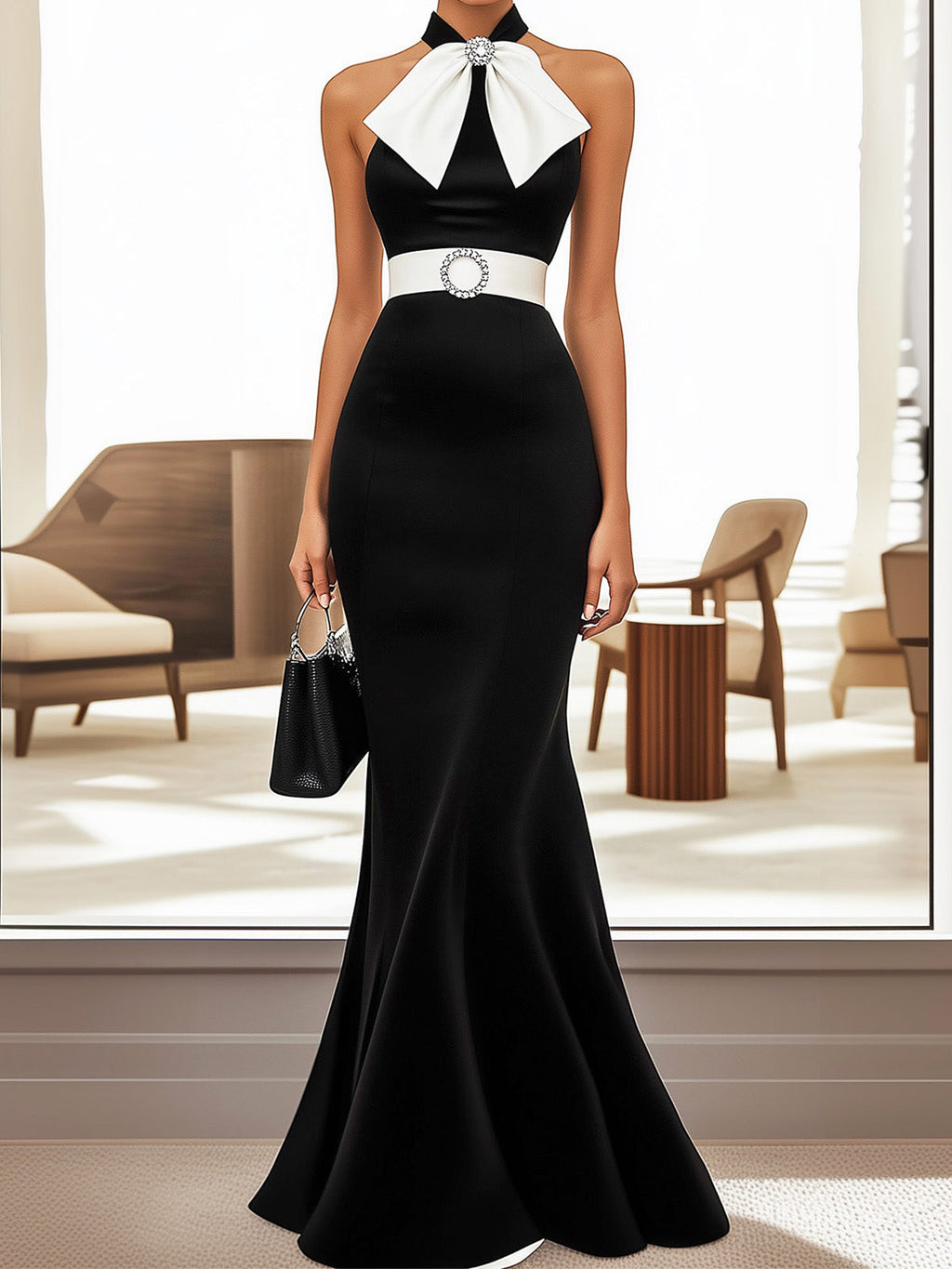 Chic Black Satin Dress with White Bow and Waistband
