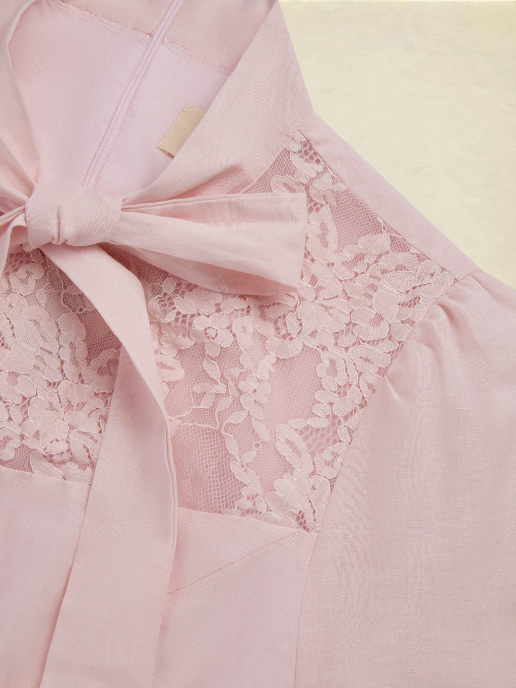 Midi Linen Dress, Half Sleeve, Plain, Lace, French Vintage, Pink