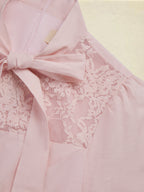 Midi Linen Dress, Half Sleeve, Plain, Lace, French Vintage, Pink