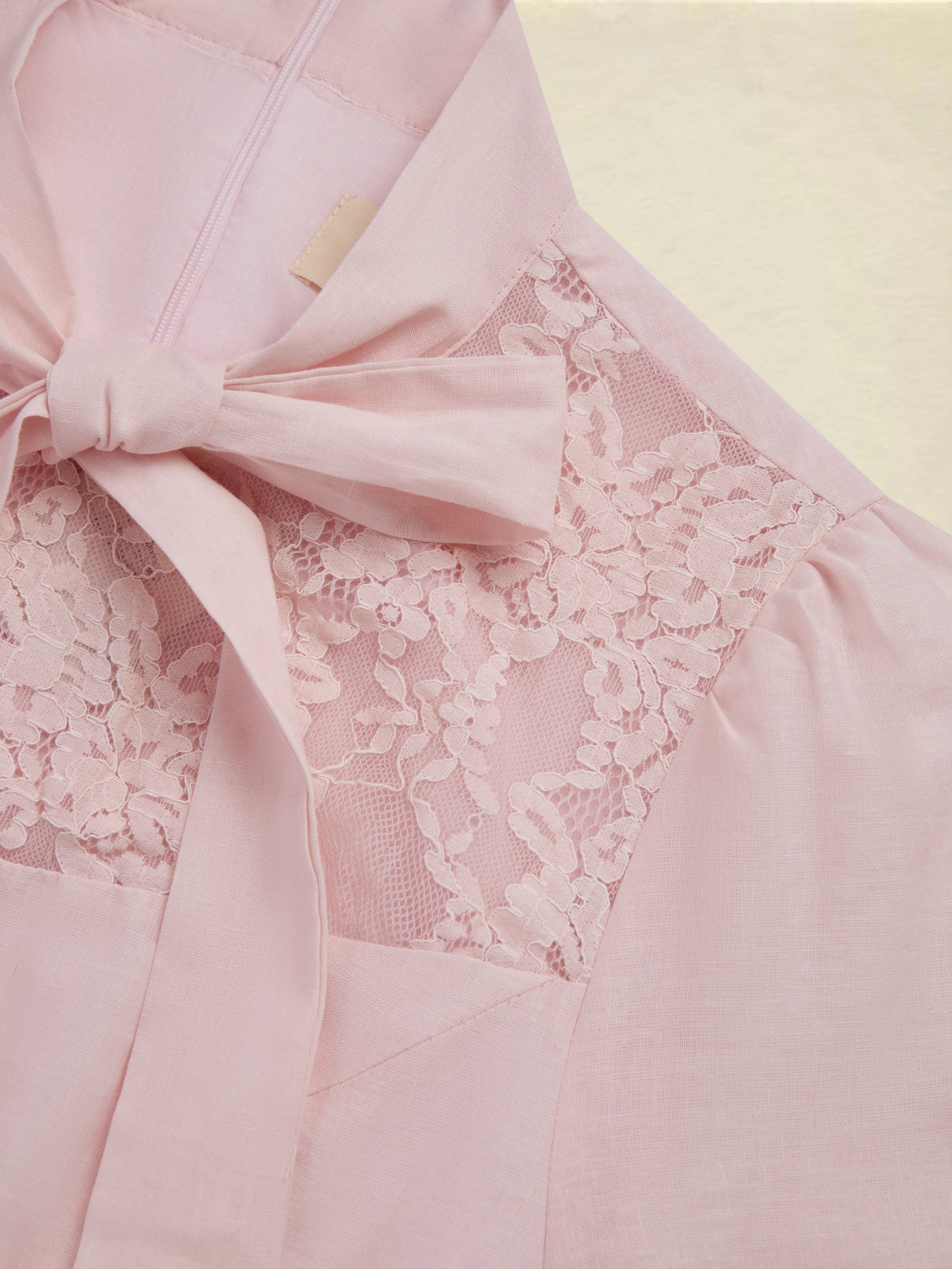 Midi Linen Dress, Half Sleeve, Plain, Lace, French Vintage, Pink