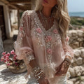 Women's Vintage Pink Floral Art Print Flowy Linen Blend Casual V Neck Tops