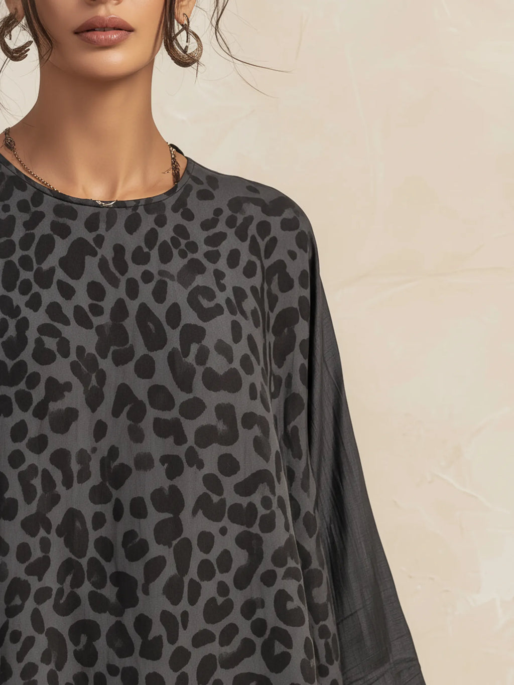 Dark Grey Leopard Print Asymmetric Linen-Blend Co-ord Set