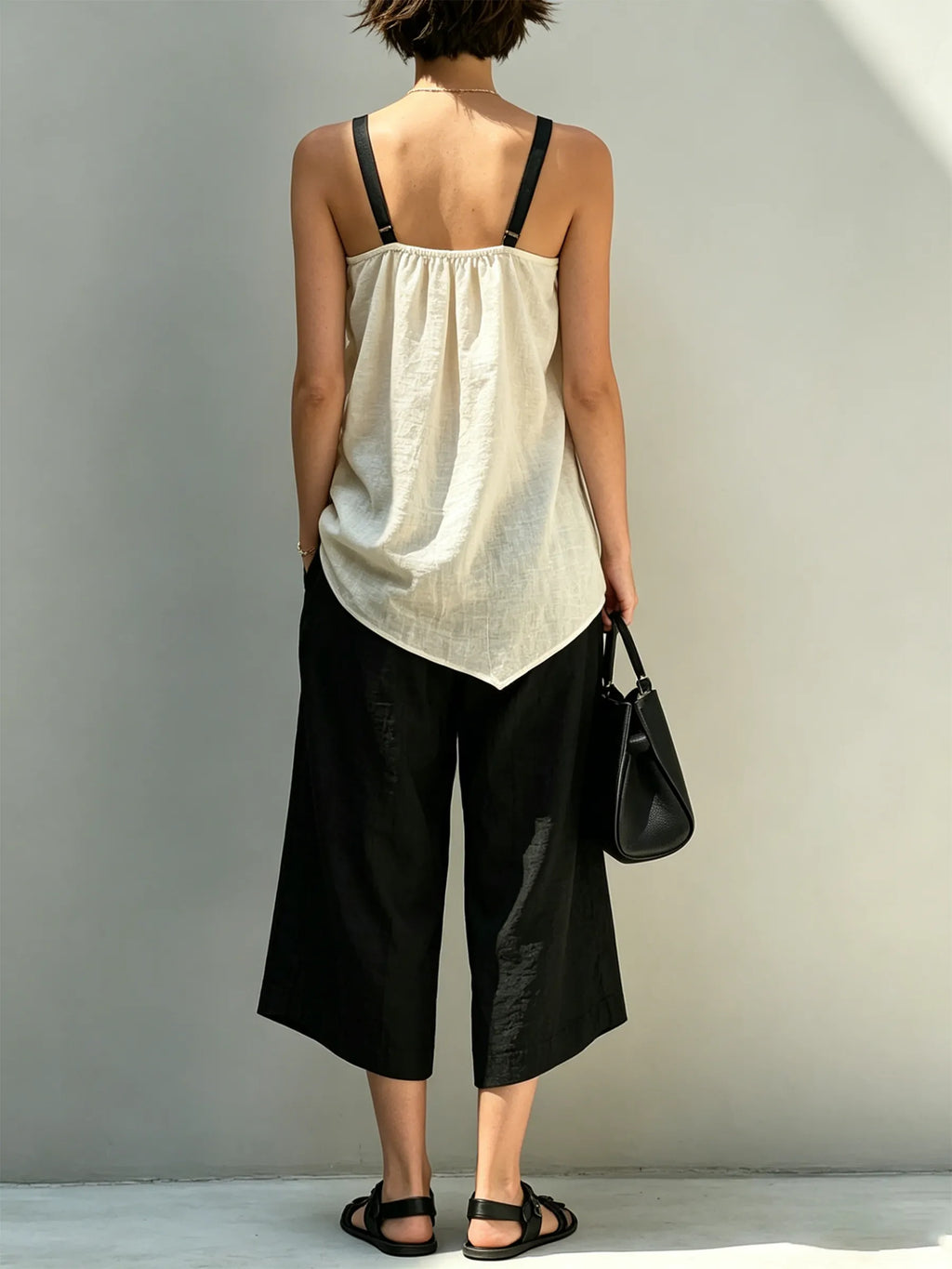 Beige Ruched Drawstring Cami & Black Wide-Leg Culottes Set